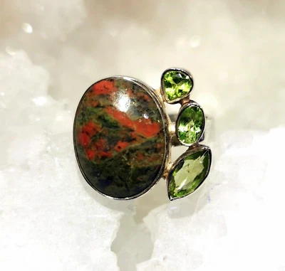 Ring mit Epidot + Peridot , 925er Silber, Gr. 18,1 - Ringschiene offen - Grün - Bild 1 von 4