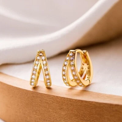 Gold Plated Classic Earrings, Sparkling Pave Huggie Hinged Hoops, Diamond Hoops - Image 1 of 4