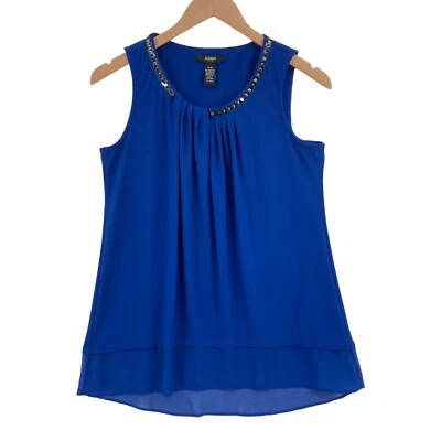 Alfani Tank Top Womens Petite Medium Blue Sleeveless Round Neck Pleated Pullover - Image 1 of 4