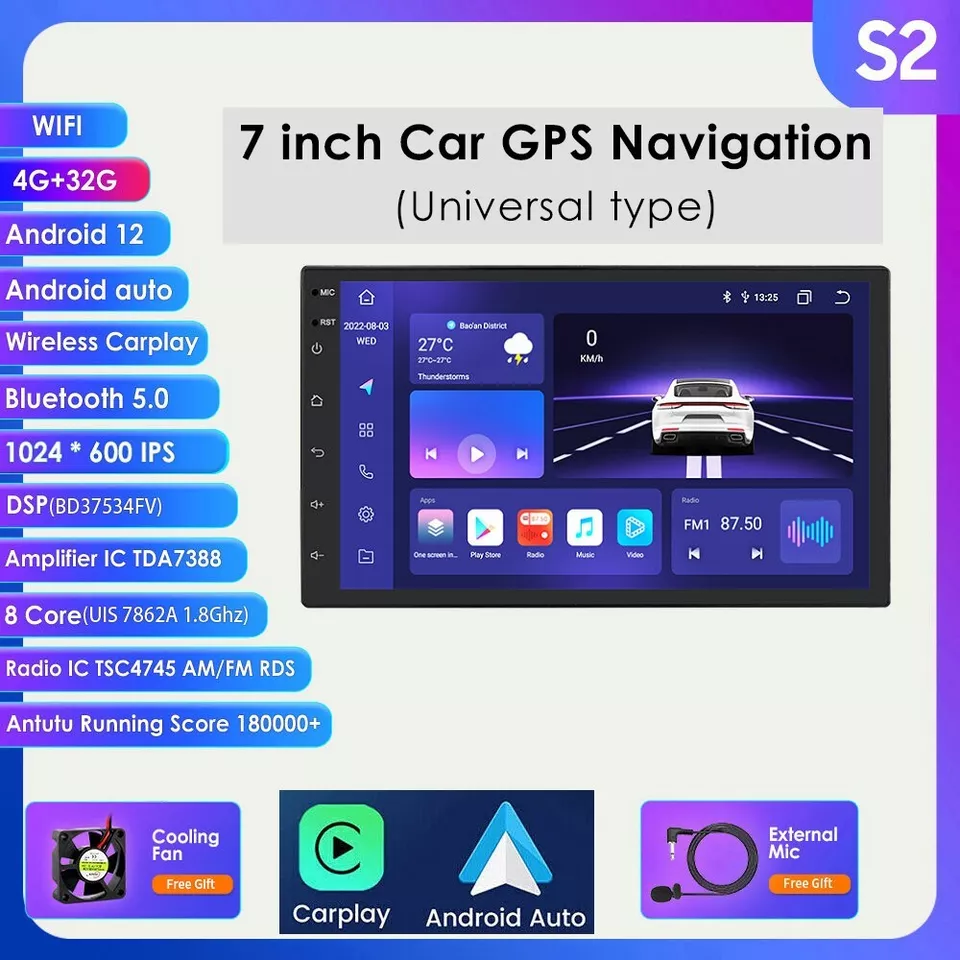 Android 12 4+32G Double Din 7" Car Stereo CarAutoPlay Radio GPS Nav WiFi DSP OBD - Image 1 of 4