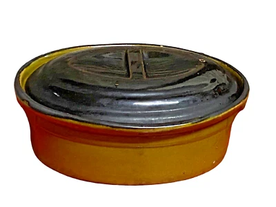 ANCIENNE TERRINE A PÂTE COULEUR OLIVE EN GRÈS VERNISSE PLAT POT - Photo 1/3