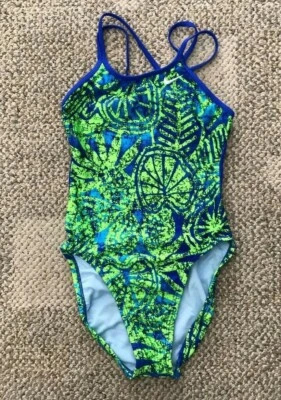 Nike One Piece Swimsuit Neon Green & Blue Print TESS0061 Girls Size 8 - Image 1 of 2