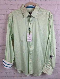 ROBERT GRAHAM white green striped 100% cotton mens dress button down shirt L NWT - Picture 1 of 15