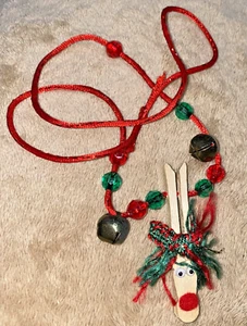 Rudolph Reindeer Artisan Christmas Clothes-Pin Red Velvet Cord Bells Necklace - Picture 1 of 7