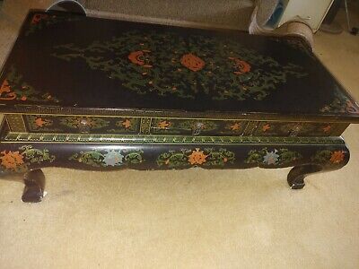 VINTAGE ORIENTAL CHINESE LACQUER Black Coffee Table 3 Drawers • 350£
