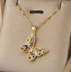 Womens Necklace Multicolor Butterfly Pendant Gold Plated Stainless Steel Jewelry - Picture 1 of 3