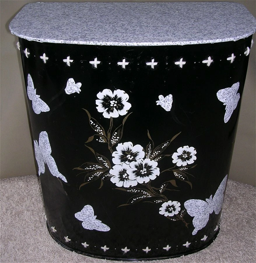 Vintage Black Metal Laundry Hamper White Floral Design 23"(H)x21(W)x12"(D) 9lbs - Image 1 of 4