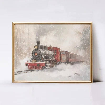 Vintage Christmas Train Print - Winter Holiday Wall Art Farmhouse Decor - Image 1 of 4