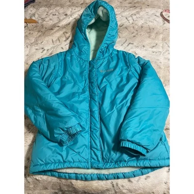 Columbia Niñas Capucha Reversible Verde Invierno Abrigo Talla Pequeña 7/8 Foto 1 de 4