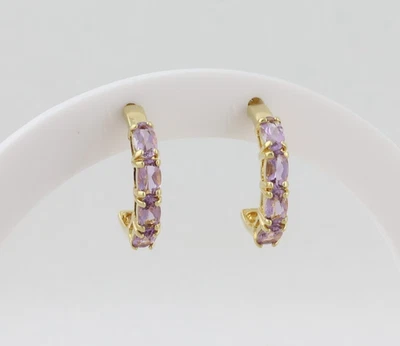 18k Gold Over Sterling Silver Natural Purple Amethyst Hoop Earrings 5/8" x 1/8" - Image 1 of 4