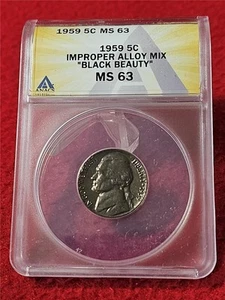1959 Jefferson Nickel ANACS MS 63 "BLACK BEAUTY" IMPROPER ALLOY MIX #T2979 - Picture 1 of 2