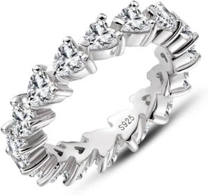 Eternity Band, 925 Sterling Silver Ring for Women, Round/Emerald/Heart Cut Cubic - Picture 1 of 7