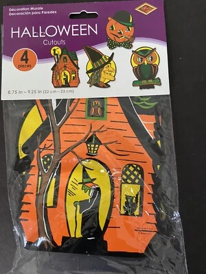 VINTAGE HALLOWEEN RETRO BEISTLE 4 CT CUTOUTS 8.75"-9.25"HAUNTED HOUSE WITCH (b1)