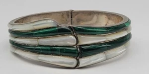 8" Hinged Sterling Silver Bracelet Green Malachite & Pearl Inlay Signed N.A.  - Picture 1 of 4