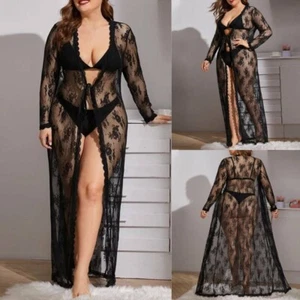 Übergröße Damen Sexy Spitze Kimono Morgenmantel Lang Kleider Dessous Nachtwäsche - Bild 1 von 17