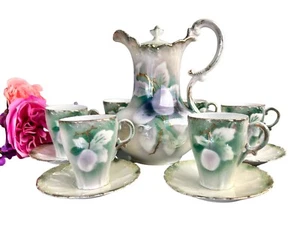 Antique Weimar Germany Coffee Set Luster Green - Cups Saucers Pot Art Nouveau - Picture 1 of 24