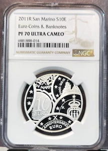 2011 SAN MARINO SILVER 10 EURO COINS AND BANKNOTES NGC PF 70 ULTRA CAMEO POP 1 - Picture 1 of 5