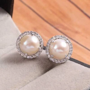 Natural Pearl Earrings, Stud Earrings, Halo Art Deco Earrings, Statement Earring - Picture 1 of 3