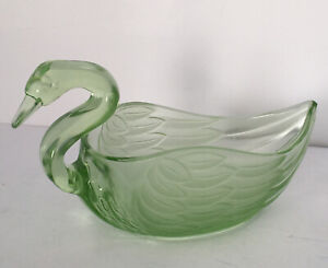 Vintage Retro Frosted Green Pressed Glass Swan Bon Bon Trinket Dish 21x10x10 cm