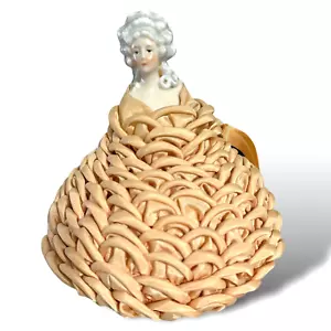 Antique Porcelain Half Doll Pincushion Marie Antoinette Hair Style Apricot Dress - Picture 1 of 10