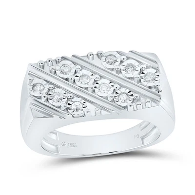 925 Sterling Silver Genuine Diamond Diagonal Grooved Rectangle Pinky Ring 1/4 CT - Image 1 of 4