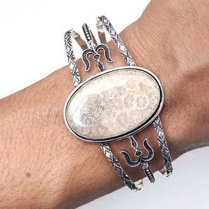 Fossil Coral Gemstone Handmade Jewelry Cuff Bracelets 7''Adjustable - Picture 1 of 7