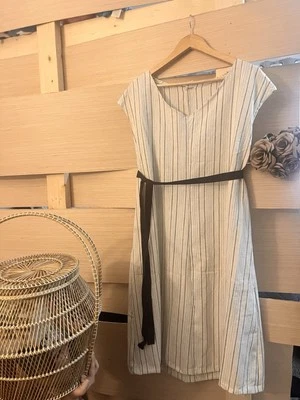Handmade Bohemian Style Loose Fitting Vertical Striped Linen Dress With Belt XL  - Image 1 of 4