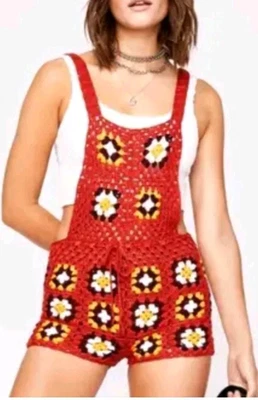 Granny Cuadrado Babero Mono Pantalones Cortos Mameluco Boho Hippie Festival Mujer’s Talla S Foto 1 de 4