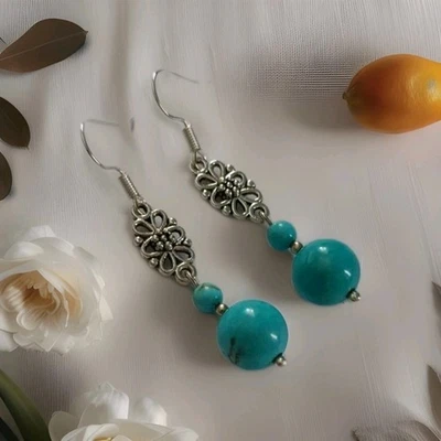 Vintage Style Turquoise Gemstone earrings In Silver Plate.drop Dangle  - Image 1 of 4