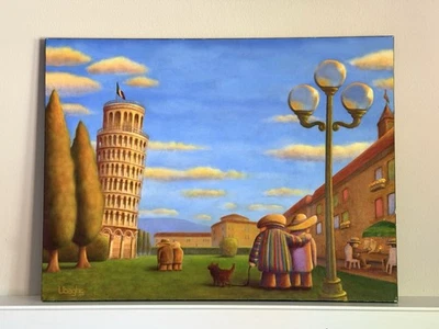 ORIGINAL SIGNED LARGE SIZE Bryan Ubaghs Painting RARE Pisa Romance Cityscape Art - Image 1 of 4