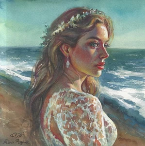 original painting 30 x 30 cm 107RA artwork watercolor, pastel modern woman&sea - Picture 1 of 4