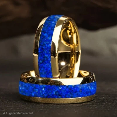 4/6/8MM Tungsten Carbide Ring Band Dome Edges Lapis Lazuli Inlay Ring for Gift - Image 1 of 4