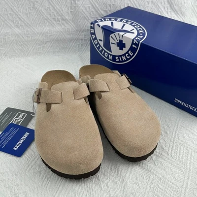 Birkenstock Boston Taupe Suede Leather Soft Footbed Unisex Clog Shoes - Image 1 of 4
