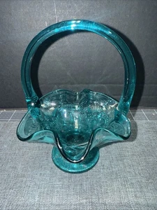 Fenton Glass Strawberry Footed Basket Aqua Ruffled 6.5" Tall W/Handle - Picture 1 of 3