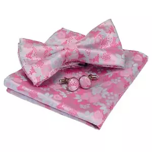 Mens Wedding Bow Tie Pink Floral Pre-tied Bowtie and Pocket Square Cufflink S... - Picture 1 of 7