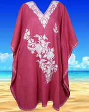Womens Boho Kaftan Tuscan Red Embroidered Floral Midi Womens Caftan Dress L-4XL
