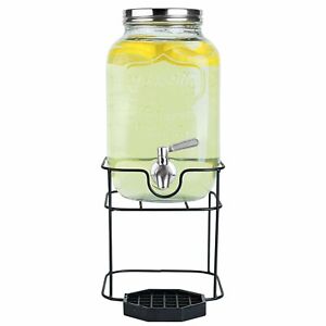 1 Gallon Glass Beverage Dispenser with Stainless Steel Spigot on Metal Stand - D