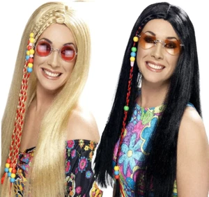 Hippie Wig 1960s 70s Adults Hippy Fancy Dress Long Straight Wig Black Blonde - Picture 1 of 3