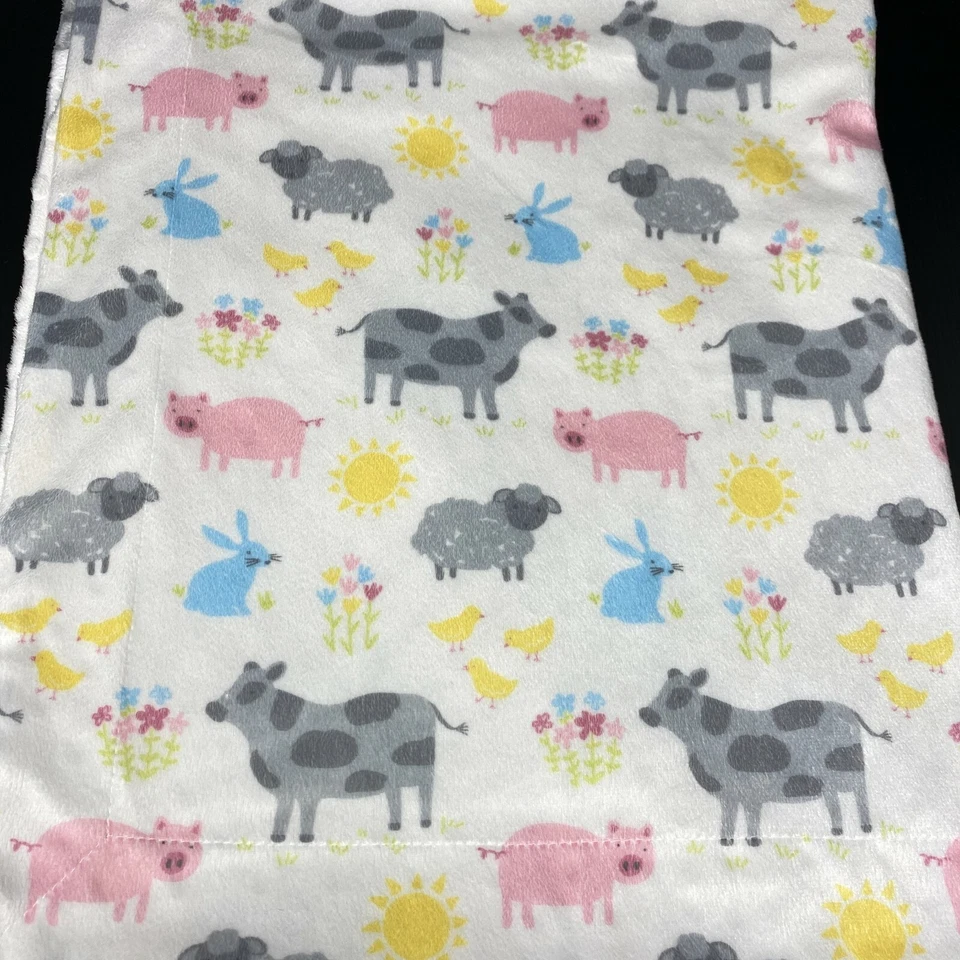 Manta para bebé Thro blanca cerdo vaca oveja conejito animales de granja sol Minky Dots Lovey  Foto 1 de 3