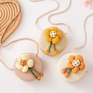 Flower Crossbody Handbag Straw Storage Basket Bag Shoulder Bag Kids Girls - Picture 1 of 16