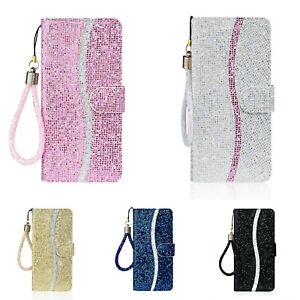 Bling Premium Leather Magnetic Wallet Folding Case Cover For Cell Phones+Strap
