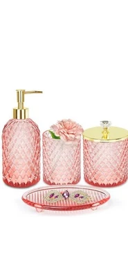Multifunction  Pink Glass Bathroom  Accessory Set ,4 pieces Pink Glass With Gold - Image 1 of 4