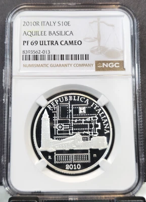 Italia Plata 10 euros Basílica de Aquilee 2010 NGC PF 69 ultra camafeo raro Top Pop Foto 1 de 3