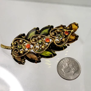 Vtg Leaf Rhinestone Brooch Pin - Gold tone Green Brown Amber Heart filigree Nice - Picture 1 of 5