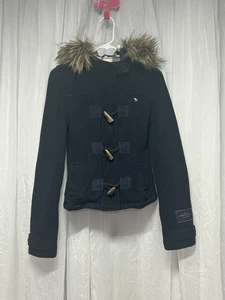 Abercrombie & Fitch Girl Jacket Blue Parka Plaid Lined Faux Fur Hooded Wool XL - Picture 1 of 8