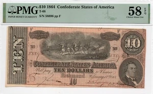 1864 $10 Confederate States of America T-68 - PMG AU58 EPQ! Exceptional Quality! - Picture 1 of 3