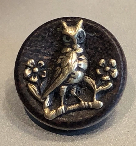 Antique  Picture Button ~ OWL ON BRANCH ~ BIRD ~ brass escutcheon on wood Cover
