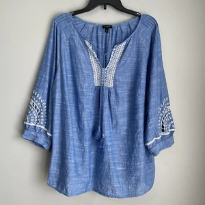 Talbots Tunic Embroidered Blouse Women's 2Xp Blue Cut Outs Tassels Boho India - Picture 1 of 15