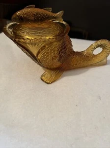 Vtg Kemple Amber Glass Koi Fish Dish With Lid/ Greentown - Picture 1 of 9