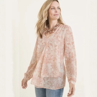 NUEVO CON ETIQUETAS Blusa Top Chico’s Volantes Frontal Paisley Talla 0 EE. UU. S Floral Gasa Fluida Foto 1 de 4